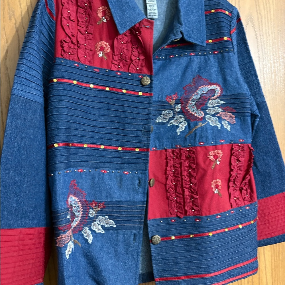 Embroidered Denim and Red Jean Jacket